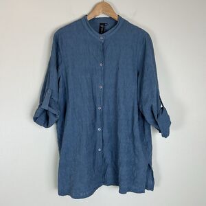 Focus Casual Life Tunic L Blue Cotton Button Up Shirt Lagenlook Boho Artsy Top
